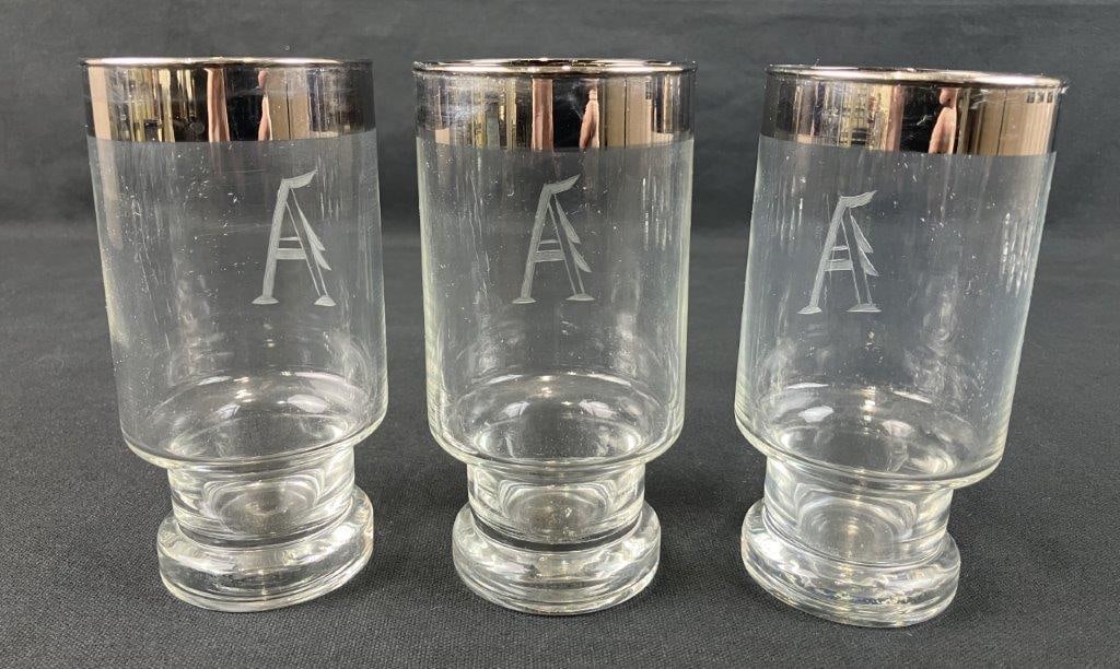 Mid Century Modern Etched Glass and Silver Rimmed Lowball Glasses - 6