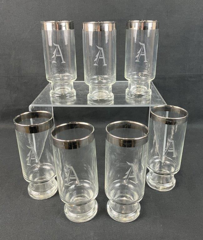Mid Century Modern Etched Glass and Silver Rimmed Highball Glasses - 2