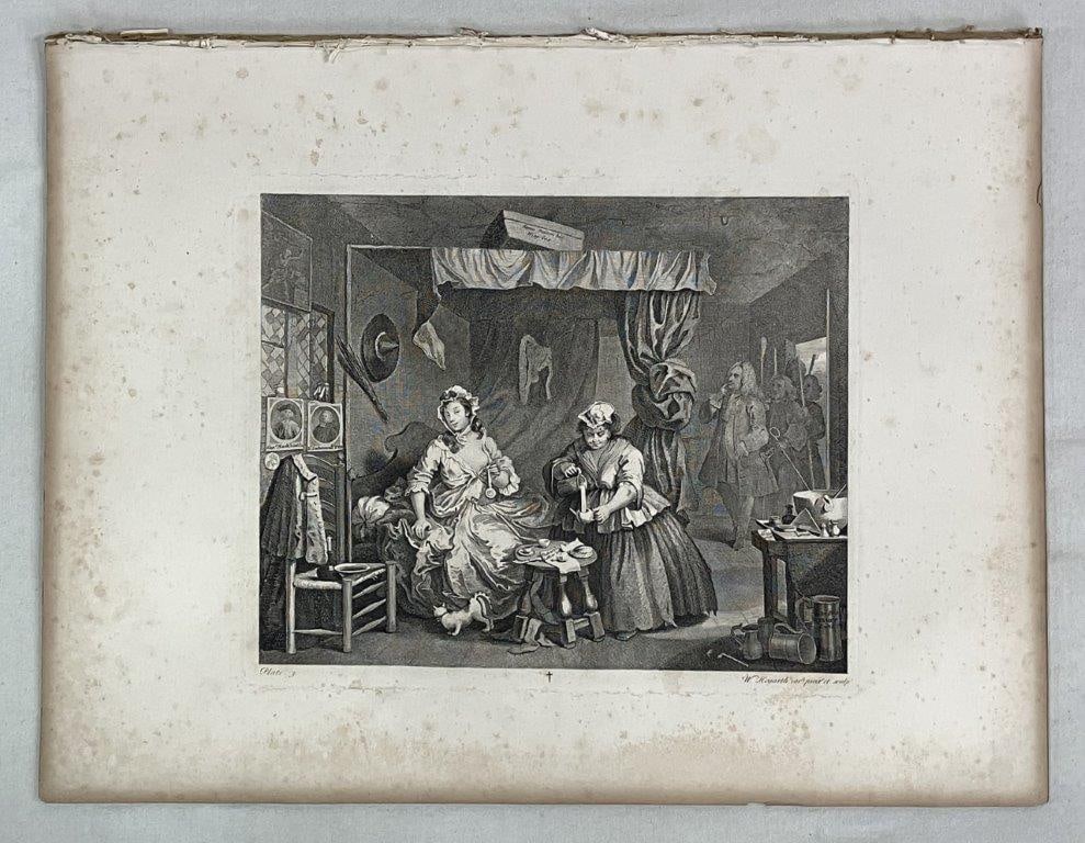 Fourteen Folio Engravings after William Hogarth: Series derived from the work of William Hogarth (1697–1764), the English artist celebrated for moralizing genre scenes depicting the follies and social issues of his generation. These prints
