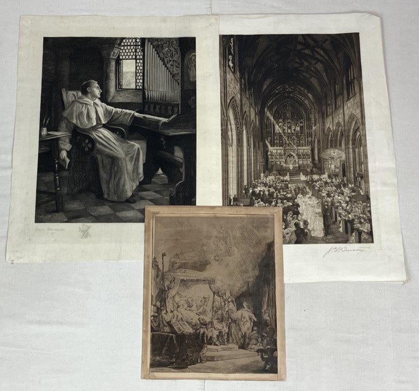 Three 19th Century Art Engravings: Group including an engraving after Rembrandt’s The Death of the Virgin, originally created in 1639; a religious scene depicting a monastic figure after Francis Sydney Muschamp (1851–1929)