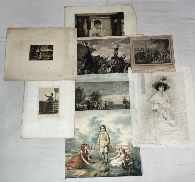 Seven 19th Century Signed Engravings with One Watercolor Painting: Group including two engravings depicting Victorian women, an early 20th century scene of a woman waving aboard a boat by Jennie Augusta Brownscombe (1850â€“1936), a work by Eugen