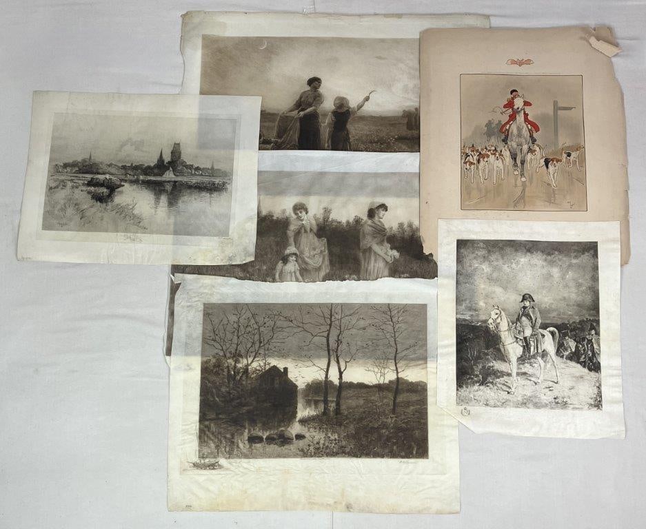 Six Signed 19th Century Art Engravings: Group including an engraving of Peasant Harvest after Jules Breton (1827â€“1906), signed by Breton and the printmaker Georges Mercier; a country scene with figures by Hamilton
