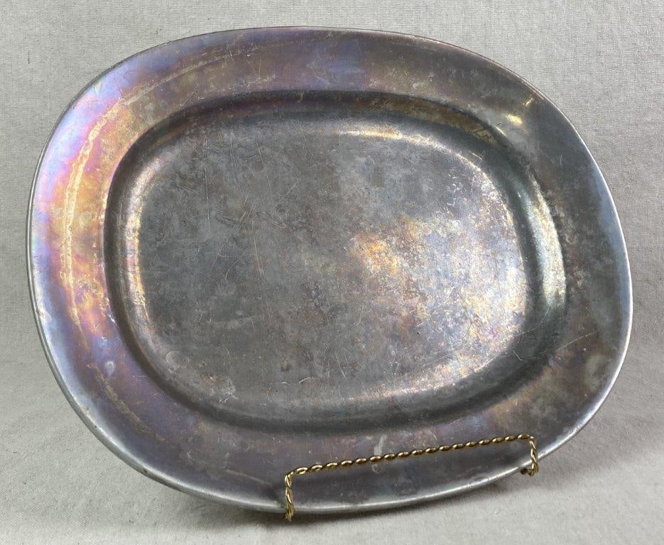Wilton RWP Pewter Serving Platter: Vintage Wilton Columbia pewter serving platter, stamped â€œWilton Columbia PA RWP,â€ with a rainbow-like patina. Measures approximately 1 1/4â€³ H x