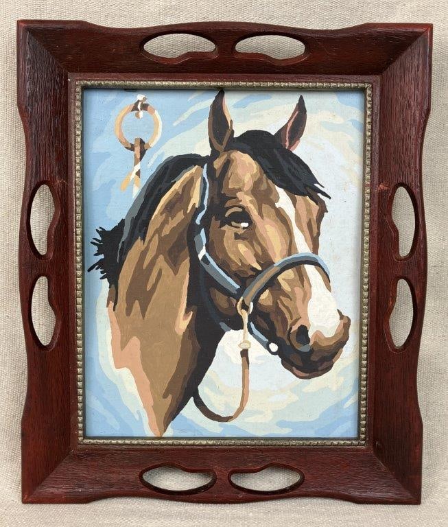 Folk Art Horse Painting: A horse head depiction executed in the paint-by-number technique on board. Smooth brushwork and careful paint application reflect the characteristic style of the medium. Housed in a warm wood frame.