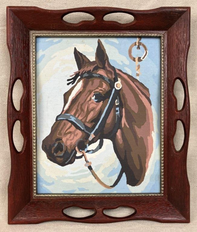 Folk Art Horse Painting: A horse head depiction executed in the paint-by-number technique on board. Smooth brushwork and careful paint application reflect the characteristic style of the medium. Housed in a warm wood frame.