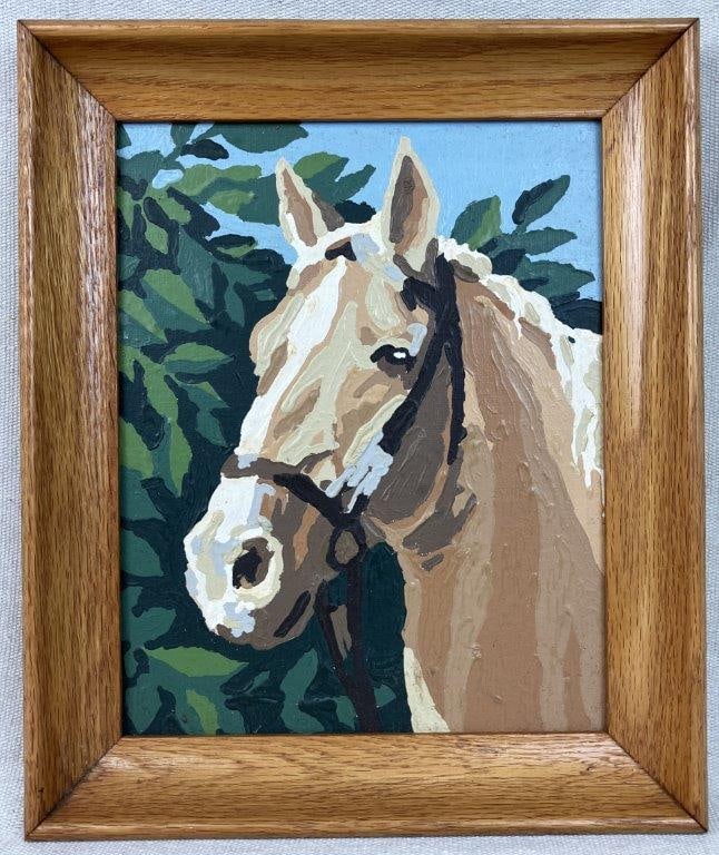 Folk Art Horse Painting: A horse head depiction signed Carl and 1961 to reverse executed in the paint-by-number technique on board. Smooth brushwork and careful paint application reflect the characteristic style of the