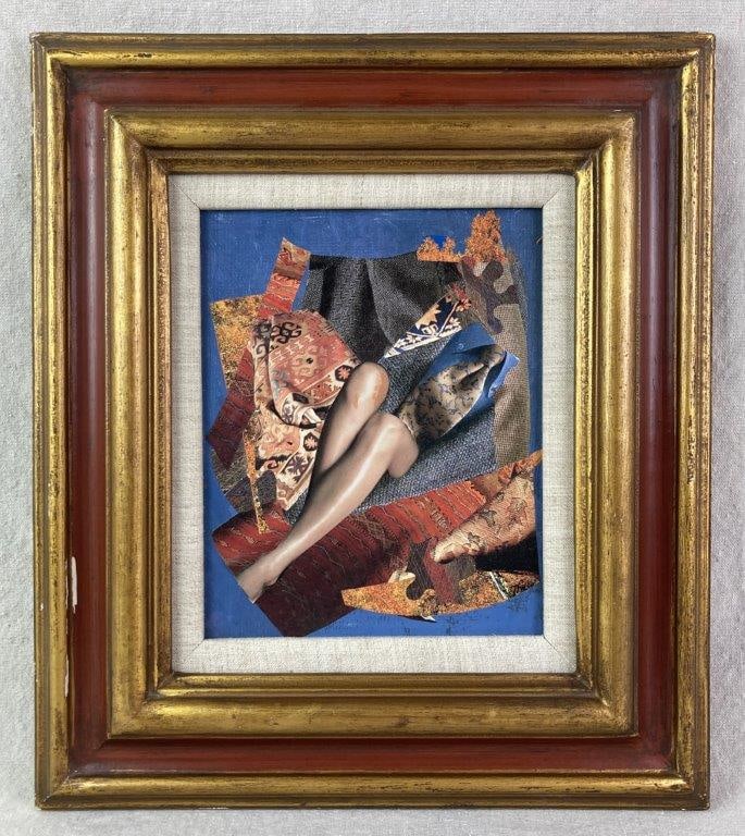 Collage by Theo Sable: A collage on paper composed of overlapping cut-outs of decorative fabric and articles of clothing including a shirt and tie, and pants, featuring a central cut-out image of a woman's legs. Theodora