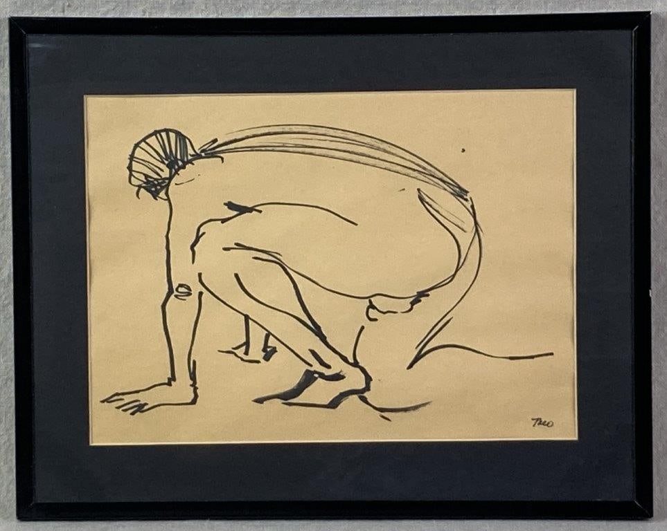 Male Nude Ink Wash Drawing by Theo Sable: A modern ink wash drawing on paper depicting a nude male form down on one knee with both hands on the ground. Theodora "Theo" Sable was a distinguished New York artist and designer who taught at