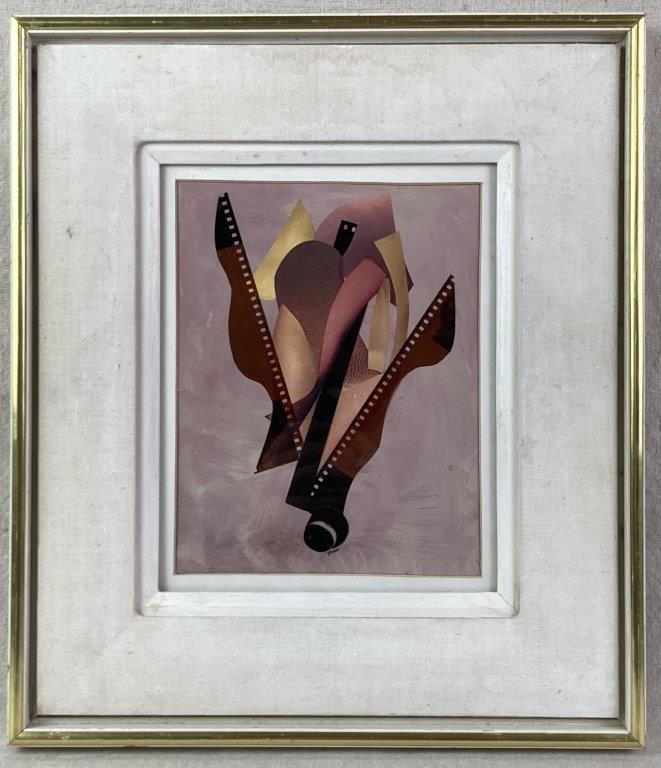 You Ought To Be In Pictures, Theo Sable, Abstract Mixed Media Collage: An abstract mixed media composition featuring cut 35mm film applied in a fluid, wavy form alongside cut-out paper shapes suggestive of fabric. The elements are set against a vibrant pink oil-painted g