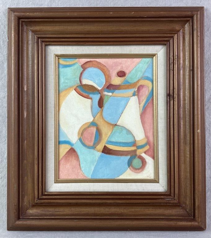 Modern Abstract Oil Painting by Theo Sable: An abstract oil on canvas board featuring a vibrant palette of blues, yellows, pinks, and earth tones. The composition is defined by overlapping geometric and organic shapes. Theodora "Theo" Sable was