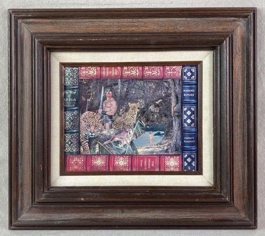 Collage by Theo Sable: A surrealist-inspired collage on canvas board depicting a muscular male figure alongside leopards and a monkey, set against a dense forest background. The composition includes a cut-out image of a