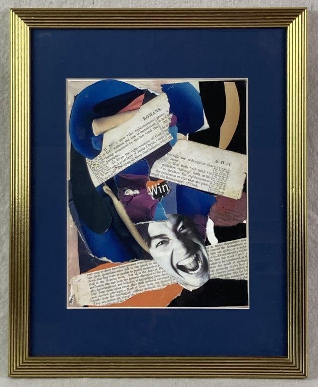 Mixed Media Collage by Theo Sable: An abstract surrealist-inspired collage on board featuring cut-and-applied fabric textures juxtaposed with a man's face in a screaming expression. The composition is integrated with fragments from