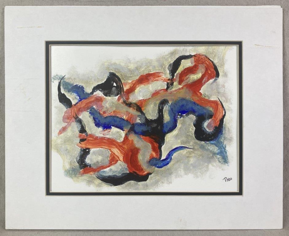 Abstract Acrylic Painting by Theo Sable: A swirling composition featuring fluid orange, blue, and black forms moving through a translucent cloudy haze against a stark white ground. Theodora "Theo" Sable was a distinguished New York artist an