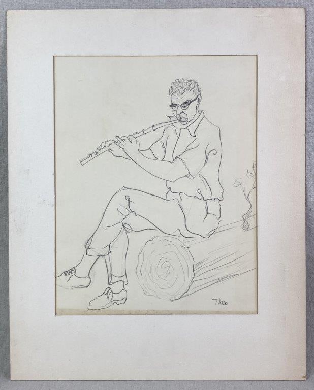 Graphite Drawing of Flute Player by Theo Sable: A realistic graphite study depicting a man seated upon a log while playing the flute. Theodora "Theo" Sable was a distinguished New York artist and designer who taught at Fordham University before