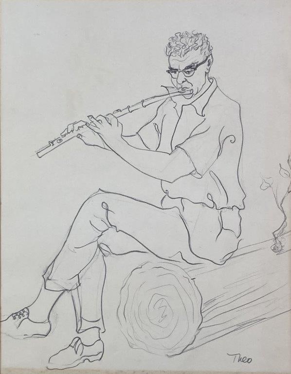 Graphite Drawing of Flute Player by Theo Sable - 2