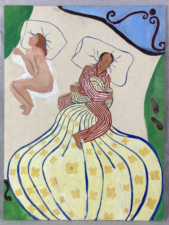 Sleeping Couple Oil Painting by Theo Sable: An intimate domestic scene executed in oil on canvas board. The composition depicts a man in red and white striped pajamas sleeping soundly beneath a yellow coverlet, contrasted by a nude female