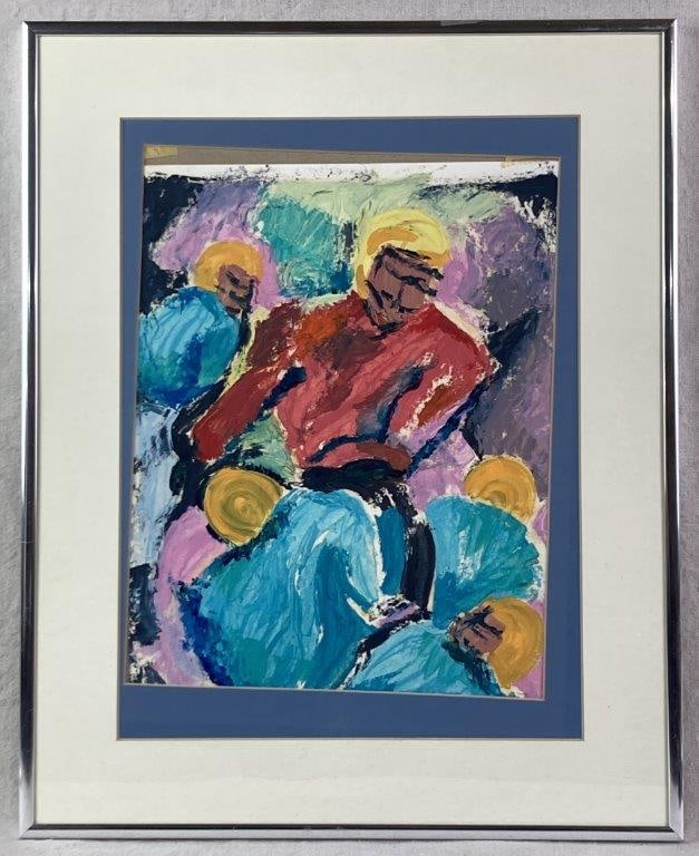 Abstract Figural Oil Painting by Theo Sable: An abstract oil on paper depicting figures engaged in a sporting activity. The composition features a central figure in a red garment flanked by others in blue, all appearing to wear yellow helmets,
