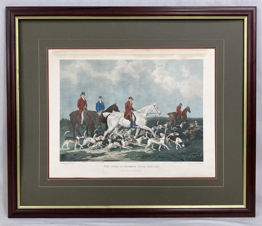 Earl of Derbyâ€™s Stag Hounds Hand-Colored Engraving After James Berenger: Hand-colored stipple engraving titled Earl of Derbyâ€™s Stag Hounds, after the sporting artwork of James Berenger, a noted equestrian and hunting scene artist who exhibited at the