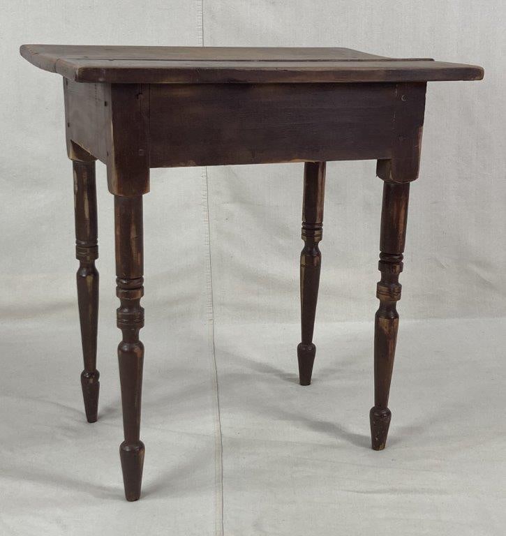 Painted Wooden Stand: Painted wooden stand featuring traditional pin construction and turned legs. The piece displays simple craftsmanship with a painted surface that has developed character through use and age. Measures