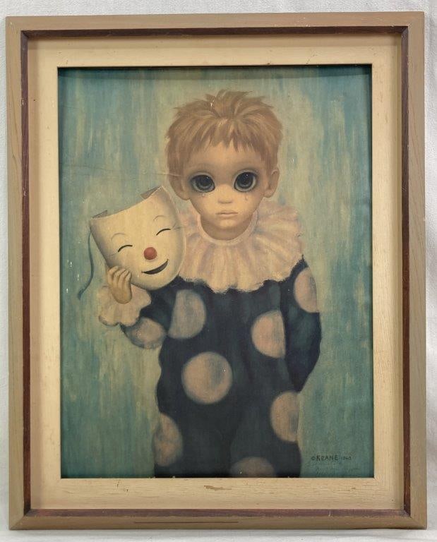 Margaret Keane â€œHappy Mask Unhappy Boyâ€ Signed Big Eyes Print: Print titled Happy Mask Unhappy Boy in the distinctive â€œBig Eyesâ€ style by Margaret Keane. The image depicts a young boy holding a clown mask, rendered with large