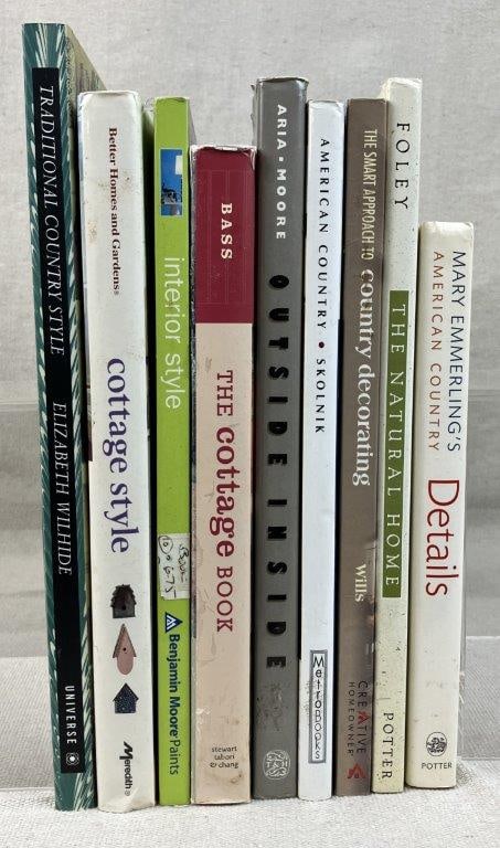 Nine Interior Design Books: A grouping of nine volumes exploring various aspects of home styling, architecture, and domestic aesthetics. The grouping includes titles such as The Natural Home, A Smart Approach to Country Decorati