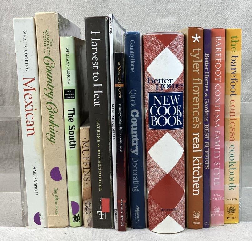 Assortment of Thirteen Cookbooks: A comprehensive group of culinary guides and recipe books covering a wide range of cuisines and techniques. The grouping includes notable titles such as Better Homes and Gardens: The New Cook Book,