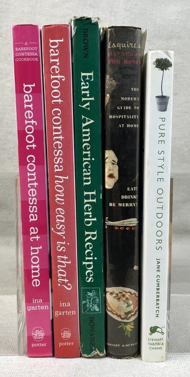 Six Housekeeping and Lifestyle Books: A diverse group of instructional and aesthetic guides for the home. Notable titles include Pure Style Outdoors, Early American Herb Recipes, and The Modern Guide to Hospitality at Home, among others.