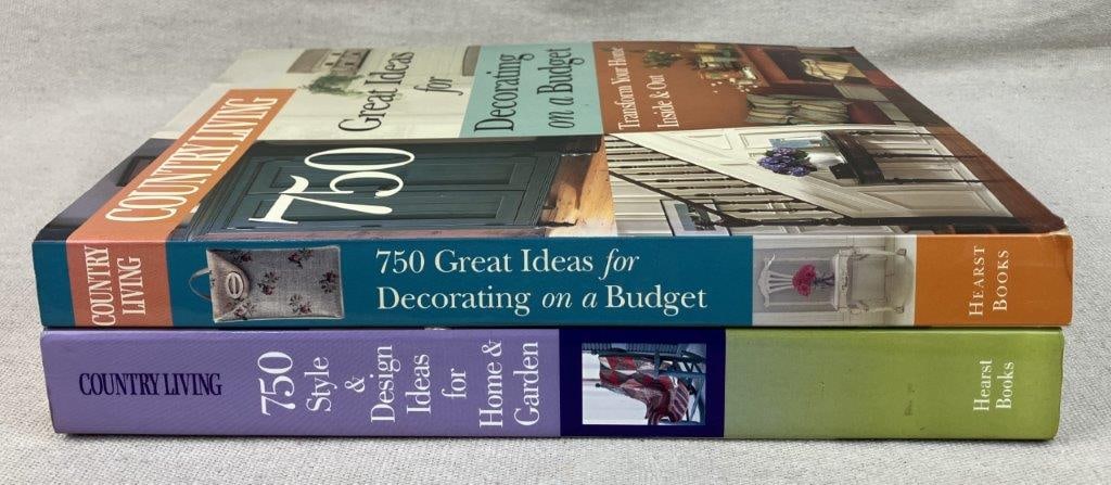Two Country Living Decorating and Interior Design Aesthetics Books: A pair of comprehensive visual guides from Country Living magazine focusing on accessible home and garden styling. The grouping includes 750 Ideas for Decorating on a Budget and 750 Style and Design