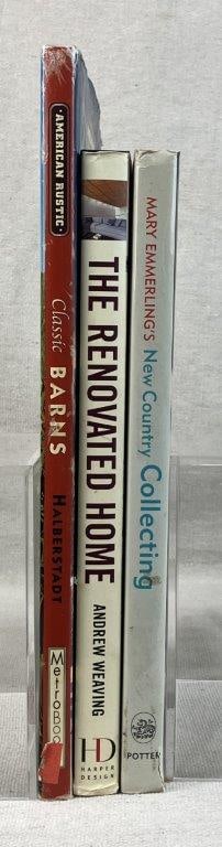Three Country and Decorating Books: A group of three illustrated volumes exploring traditional American aesthetics and architecture. The grouping includes New Country Collecting, The Renovated Home, and a dedicated volume exploring the