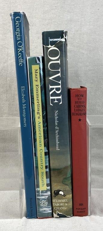 Four Country Aesthetics and Fine Art Books: A diverse group of four volumes exploring global fine art, regional American style, and rustic architecture. This grouping includes a scholarly work on the Louvre museum, a monograph on Georgia O'Keef
