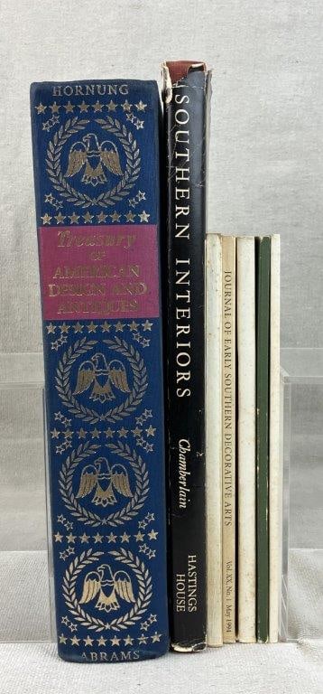 Seven American Design and Antiques Books: A comprehensive group of scholarly and visual references focusing on regional craftsmanship and historical interiors. This grouping includes notable titles such as A Treasury of American Design and