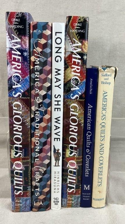 Six Quilt Books: An expansive Group of scholarly and visual references celebrating the rich tradition of American textile arts. This grouping includes notable titles such as American Quilts and Coverlets and