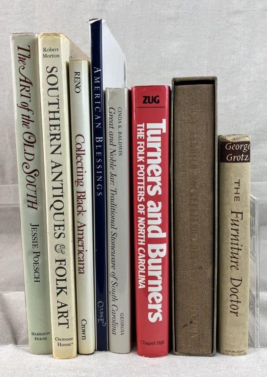 Eight Books on Southern Antiques, Art, and Folk Art: A comprehensive group focusing on the unique material culture and creative heritage of the American South. This scholarly grouping includes notable titles such as Southern Antiques and Folk Art,