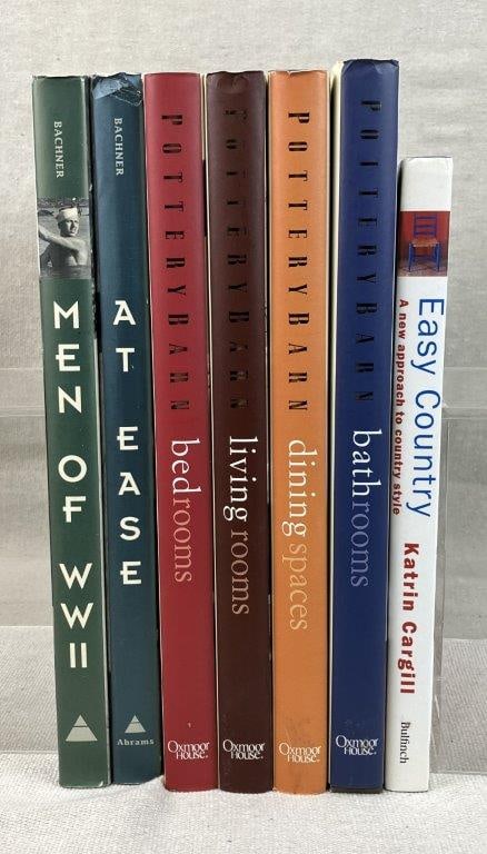 Seven Interior Design and American Military Books: A diverse grouping of lifestyle and historical volumes. This assortment features several Pottery Barn decorating guides alongside two military history books focusing on the lives and experiences of