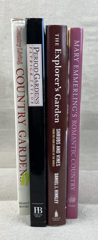 Four Garden and Lifestyle Books: A curated selection of illustrated volumes celebrating horticultural design and rural aesthetics. This grouping includes Mary Emmerling’s Romantic Country, The Exploring Garden, Period Gardens,