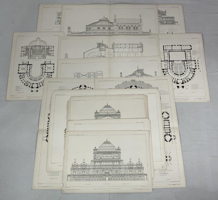 Ten Architectural Theatre Lithographs: Group of ten lithographs depicting detailed architectural plans for historic theatres, including examples such as the Municipal Theatre of Odessa and the Court Theatre of Vienna, among others. One