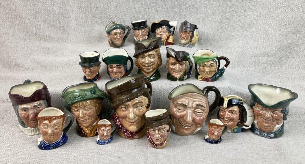 Nineteen Royal Doulton Toby Jugs: An extensive assortment of collectible small English character jugs expertly crafted in England. This diverse grouping includes iconic figures such as Sam Weller, Robin Hood, The Town Crier, Farmer