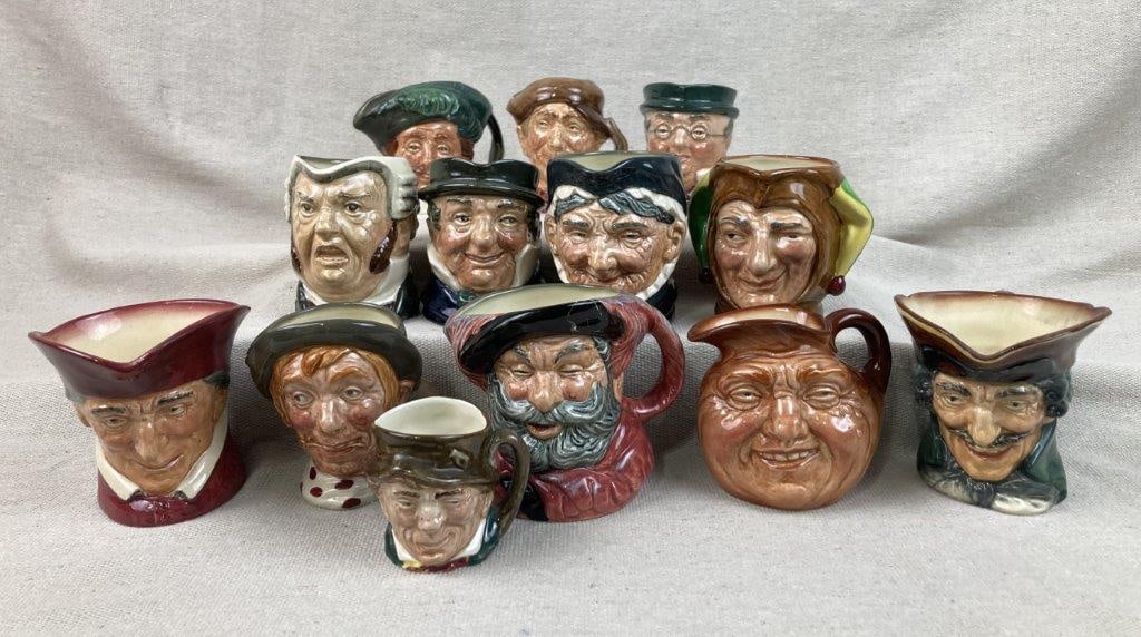 Thirteen Royal Doulton Toby Jugs: An extensive assortment of collectible English small character jugs expertly crafted in England. This diverse grouping includes iconic figures such as the Jester, Jarge, The Cardinal, Dick Turpin,