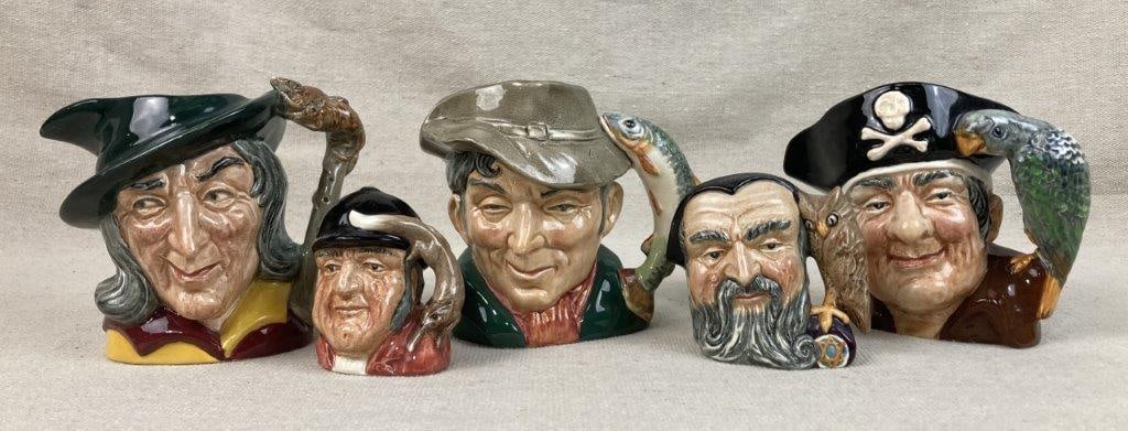 Five Royal Doulton Toby Jugs: A curated grouping of small collectible English character jugs expertly crafted in England. This selection features iconic figures including The Poacher, Long John Silver, Merlin, Gone Away, and The