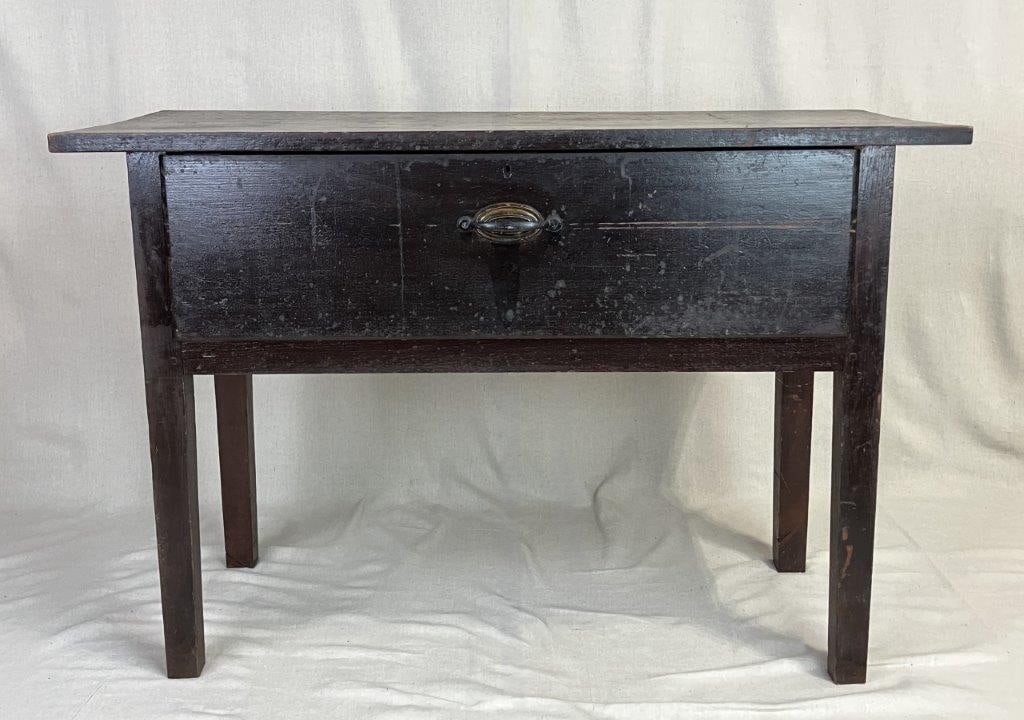 Southern Painted One-Drawer Server: This server is constructed from yellow pine and features a rich, dark patina with an old finish that appears to be original to the piece. The design includes a single drawer fitted with a brass pull