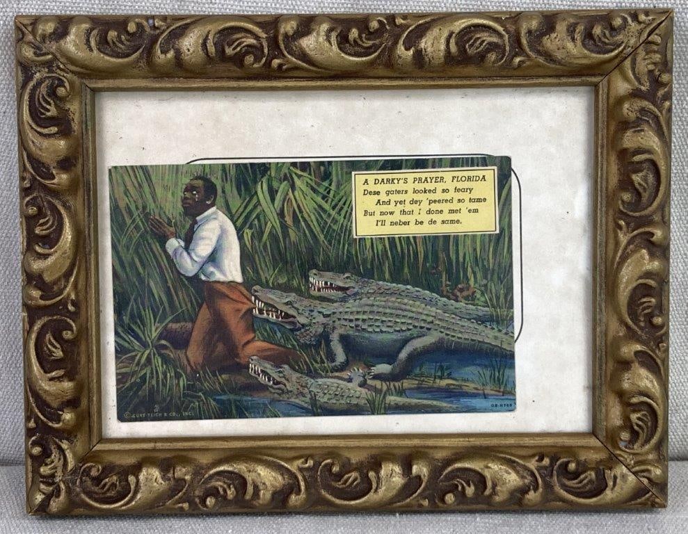 20th Century Black Americana Postcard: This early 20th-century postcard, titled "A Darky’s Prayer, Florida," is a notable example of period Black Americana and regional Florida ephemera. Produced by the prolific Curt Teich & Co.,