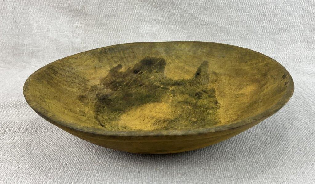 Munising Turned Wood Dough Bowl: Turned wood dough bowl by Munising, featuring a traditional shallow form with a yellow stained finish. The bowl displays expertly turned construction with smooth contours typical of early 20th