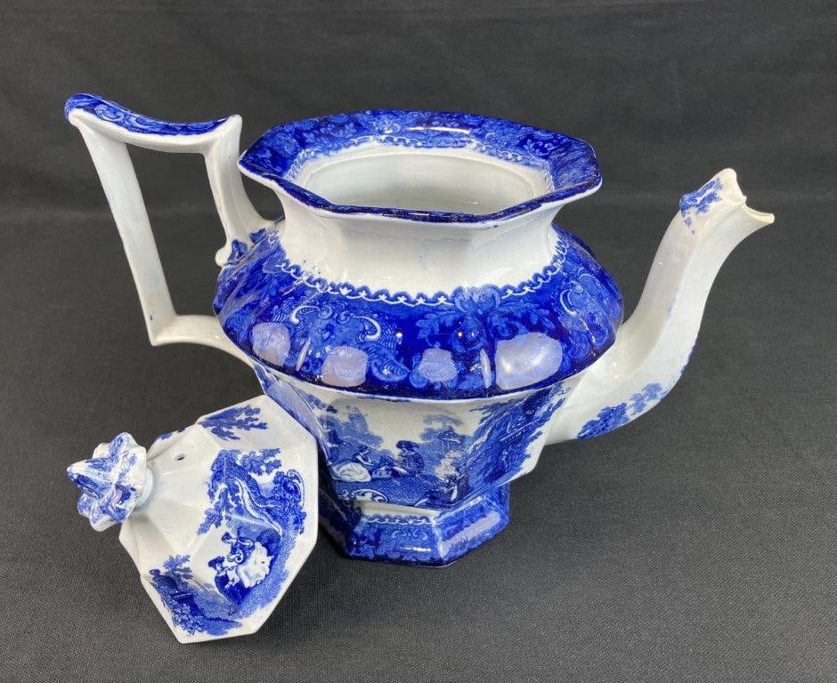 Flow Blue Teapot in Watteau Pattern - 3