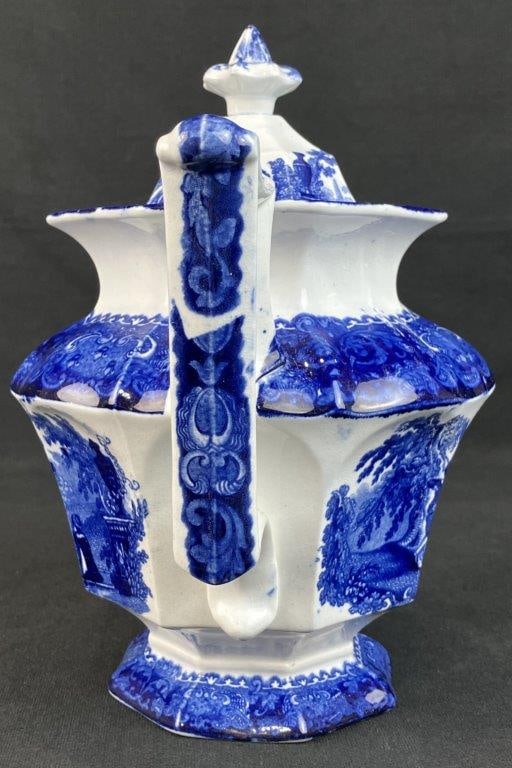 Flow Blue Teapot in Watteau Pattern - 6