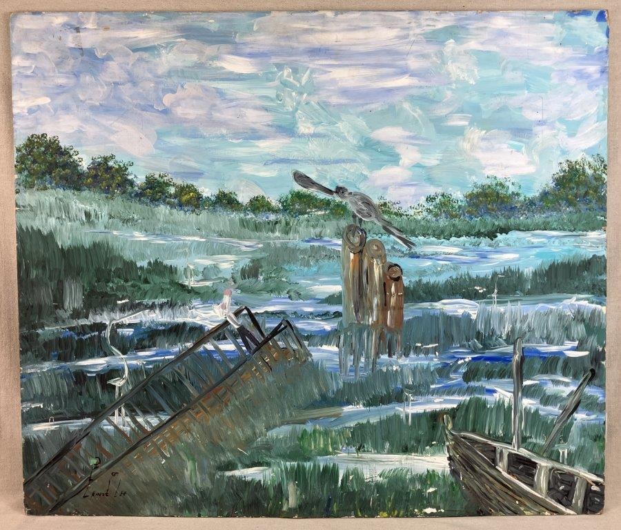 Ernest M. Lee South Carolina Coastal Landscape Folk Art Painting: Coastal landscape painting by Ernest M. Lee (American, 1962–2021), signed by the artist and executed on a found wood panel. Likely acrylic, the work features expressive gestural impasto