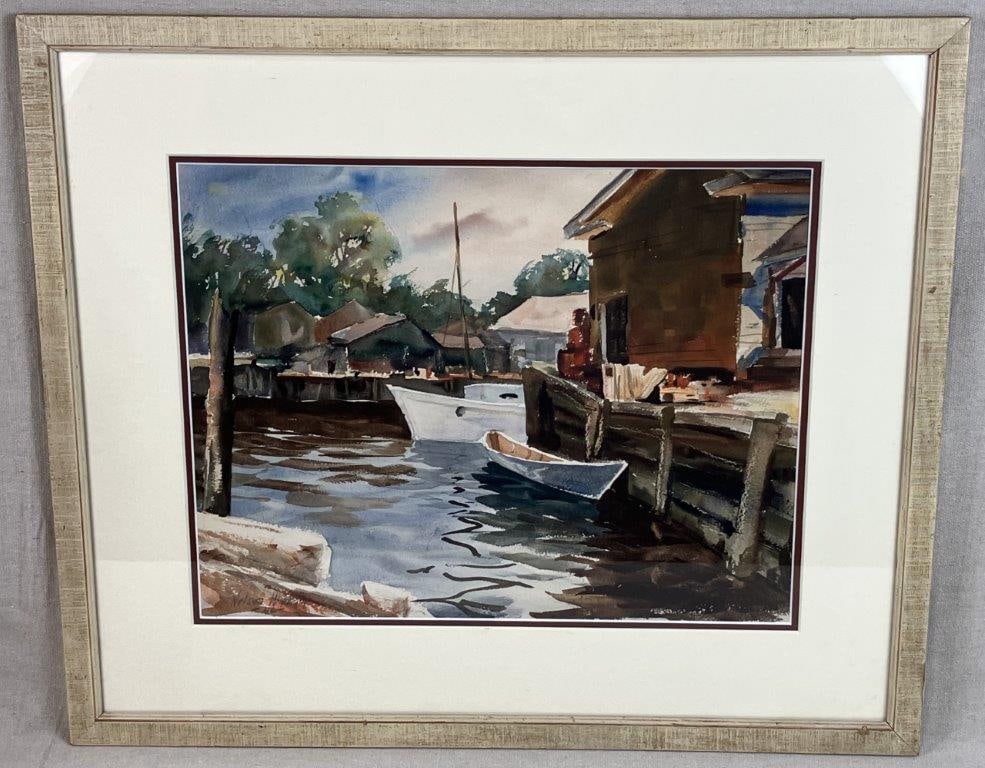 Southern Coastal Boat Watercolor Painting: Watercolor painting depicting boats docked along a coastal waterway, rendered with careful brushwork and a balanced composition of earthy tones contrasted with rich blues of the surrounding water.