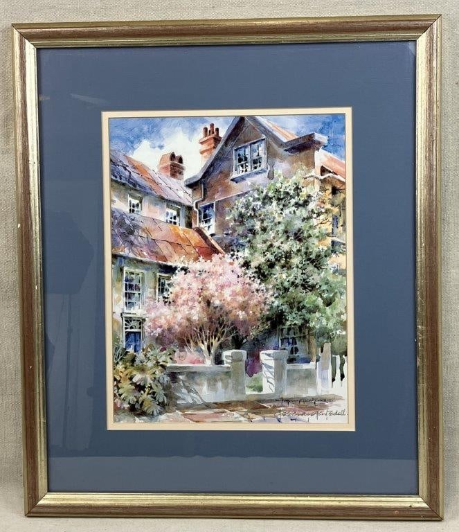 Josie Van Gent Edell Southern Courtyard Print: Print depicting a Southern courtyard scene with a house nestled among trees by Josie Van Gent Edell (Dutch-American, 1921–2007), known for her watercolor views of South Carolina landscapes and