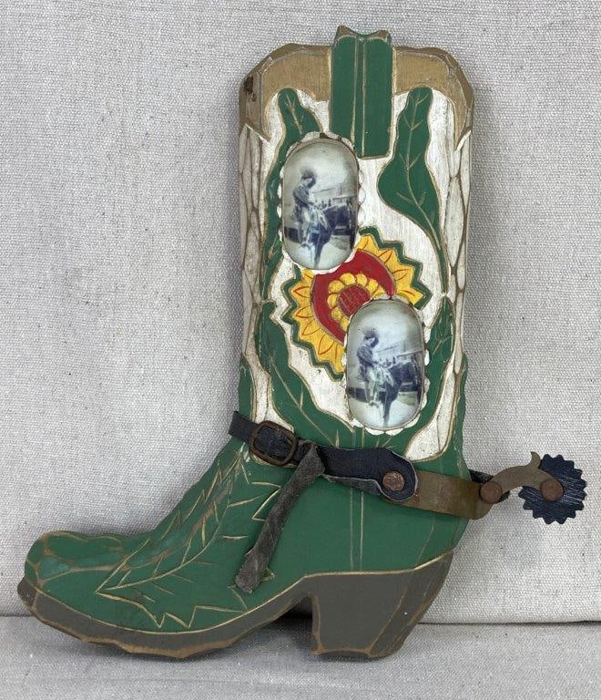 Cowboy Boot Picture Frame: Print titled The Empty Tomb by Charleston artist Carol Ezell-Gibson, featuring a composition that emulates stained glass with a vibrant color palette modeled after an original painting. The scene