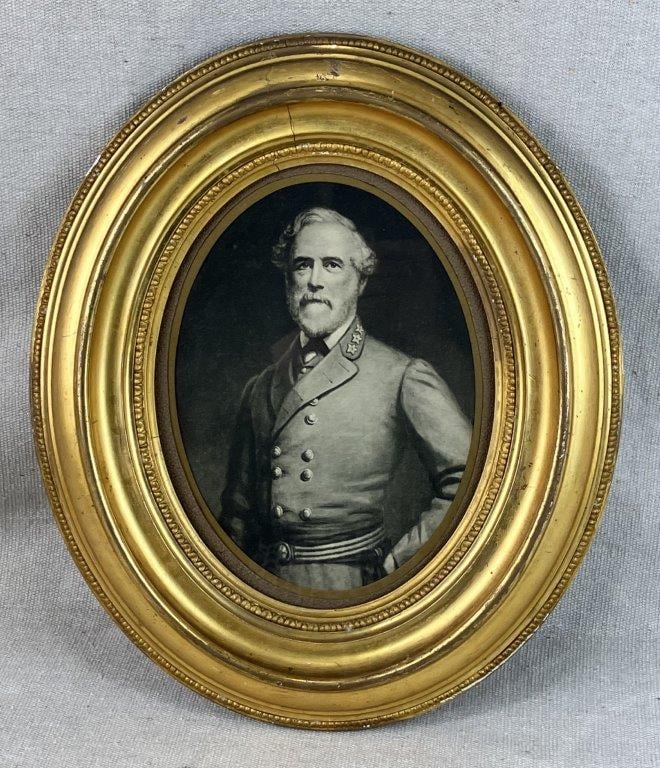 Confederate General Robert E. Lee Portrait Lithograph: Late 19th to early 20th century lithograph depicting Confederate General Robert E. Lee (1807–1870), rendered in a traditional portrait format. Shown posed with a regal air in military attire.