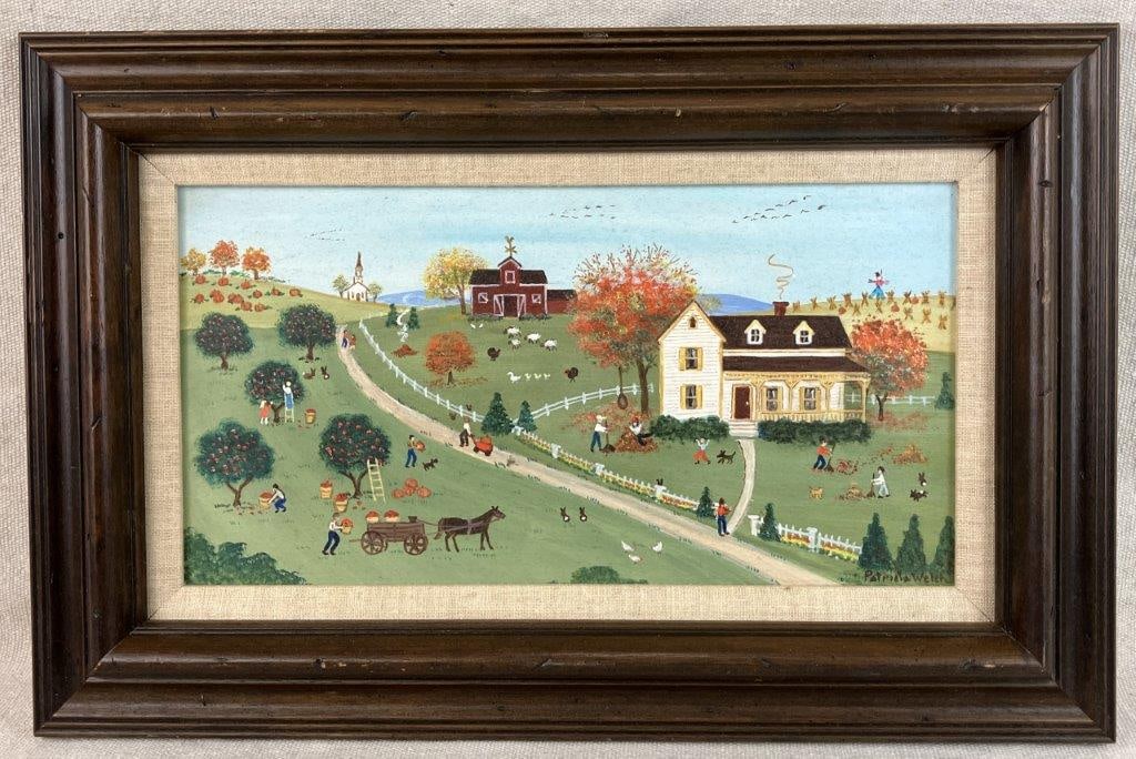 Patricia Welch American Folk Art Country Landscape Oil Painting: Folk art oil painting executed in the traditional early American manner, featuring a flattened perspective, careful brushwork, and a vibrant color palette. The composition depicts a country landscape